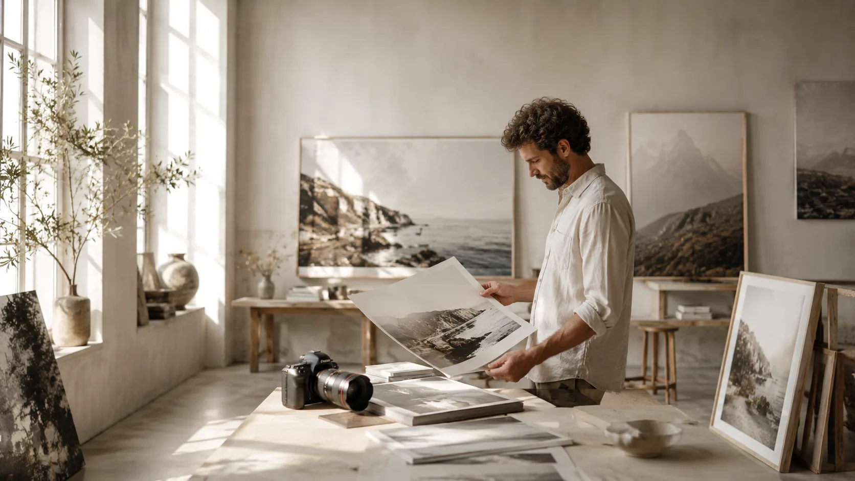 Photographer reviewing fine-art prints in a studio